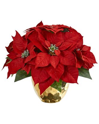 Nearly Natural Poinsettia Artificial Arrangement in Golden Vase