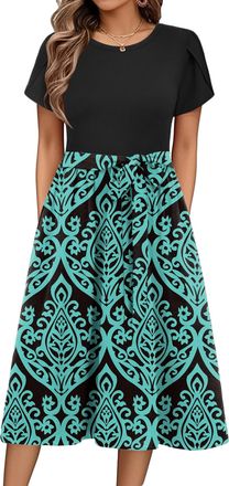 Zeagoo Womens Crew Neck Short Sleeve Beach Dress Elegant Summer Casual Floral Midi Dress Swing Sundress with Pockets Floral-H L