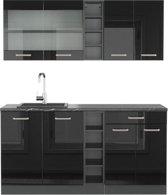 Vicco Cucina monoblocco R-Line, Nero lucido/antracite, 160 cm Senza piano di lavoro