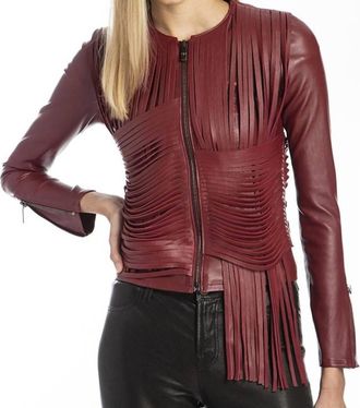 Nour Hammour Retrograde Draped Leather Fringe Jacket In Cranberry