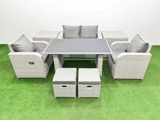 Fimous Outdoor Rattan Garden Furniture Dining Set 6-seater with 2 Side Tables in Light Grey