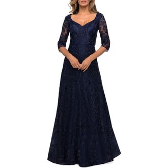 La Femme Embroidered Floral A-Line Gown in Navy at Nordstrom, Size 18