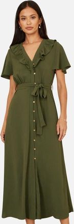 Yumi Ruffle Collar Midi Shirt Dress in Green at Nordstrom, Size 12