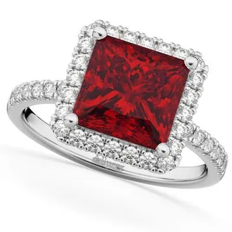 Allurez Princess Cut Halo Ruby & Diamond Engagement Ring 14K in 3.47Ct/white Gold at Nordstrom, Size 5.5