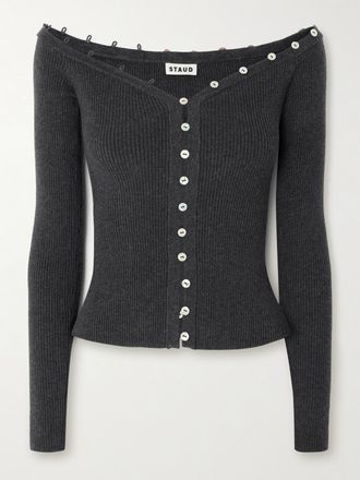 Staud Cardigan A Spalle Scoperte In Misto Cotone E Lana A Coste Keaton - Grigio
