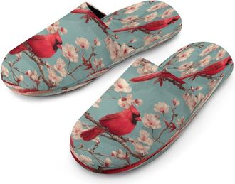 Generic Cardinal Bird And Cherries Flowers Mens Cozy Memory Foam Slippers Warm Cotton House Shoes Comfy Slipper for Indoor Outdoor