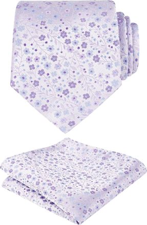 Alizeal Mens Floral Patterned Wedding Party Tie with Pocket Square 8cm Colorful Classic Business Tie Set, Lilac