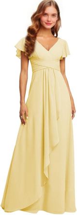 Generic Yellow V Neck Chiffon Bridesmaid Dresses for Women Long Short Sleeves A Line Formal Wedding Guest Party Dress with Pockets 18