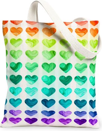 Generic Colorful Heart Pattern Canvas Tote Bags, Artistic Rainbow Design Reusable Grocery Bags, Summer Lightweight Washable Shoulde, Colorful, 13x15 Inch