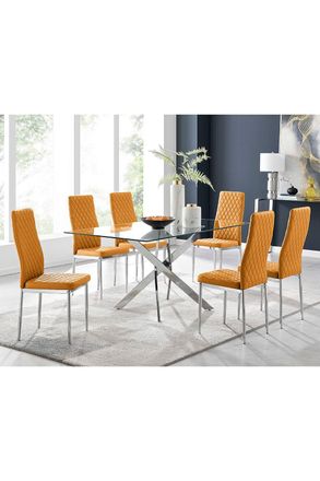 Furniturebox Leonardo Glass & Chrome Metal Dining Table & 6 Milan Chairs Dining Set in Mustard