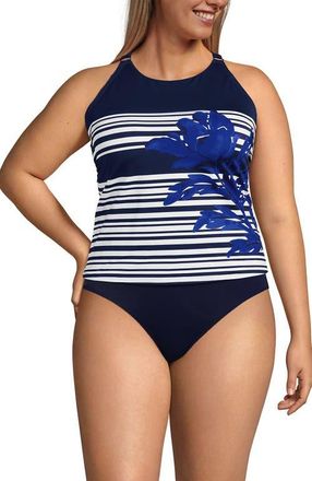 Lands End Tugless High Neck Strappy Back Tankini Swimsuit Top in Blue Stripe Floral Placement at Nordstrom, Size 22W