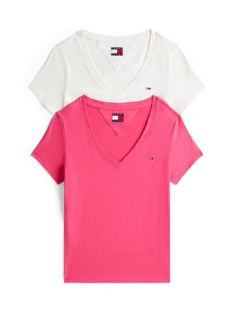 Tommy Jeans T-Shirt TOMMY JEANS TJW 2PACK V-NECK TEE, Damen, Gr. XS (34), rosa (ecru, jewel pink), Jersey, Obermaterial: 100% Baumwolle, gestreift, regular fit h&uuml;