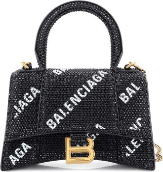 Balenciaga Hourglass Top Handle Bag Suede and Allover Logo Crystals XS satchel - Zwart