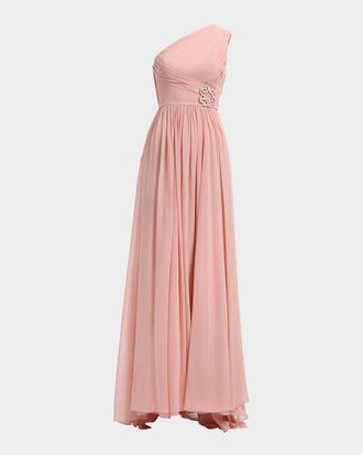 Elie Saab One-Shoulder Cape-Sleeve Chiffon Gown