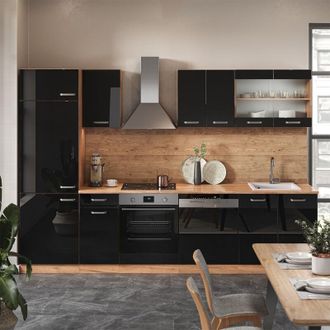 Vicco Mueble De Cocina R-line, Roble Negro/dorado De Alto Brillo, 300 Cm Sin Encimera