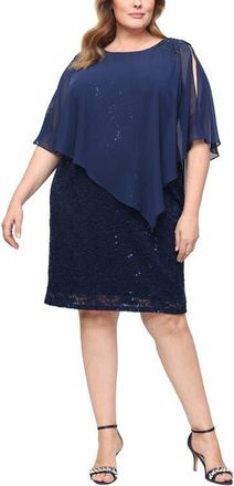 S.L. Fashions Chiffon Capelet Floral Lace Cocktail Dress in New Navy at Nordstrom, Size 18W