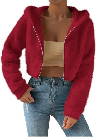 Generic Womens Plush Jacket with Hood Short Fur Jacket Womens Wedding with Zip Fleece Jacket Elegant Blouson Jacket Fluffy Plush Jacket Y2K Bolero Jacket Over