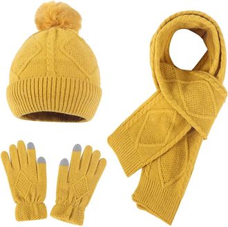 Generic Winter Beanie Hat Scarf Gloves Set Red Yellow Thick Knitted Hats Warm Long Thermal Touch Screen for Men Circle Neck Warmer Glove Soft Fleece Inner Lin