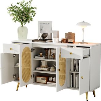 STILVORA Aparador Con 4 Puertas Y 2 Cajones, Estantes Regulables En Altura, Estilo Moderno, De Tablero De Part&iacute;culas, Blanco Y Natural, 140&times;35&times;82 Cm