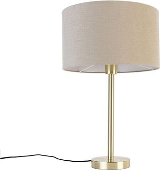 QAZQA Diseño Lámpara de mesa clásica de latón con pantalla marrón claro 35 cm - Simplo Acero /Textil Redonda Adecuado para led Max. 1 x 40 Watt - Qazqa