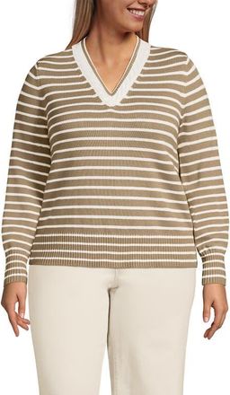 Lands End Drifter Set in Sleeve Vneck Sweater in Champagne/ivory Mini Stripe at Nordstrom, Size 3X