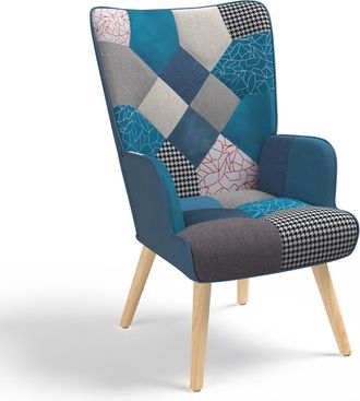 IDMarket Poltrona Scandinava Ivar In Tessuto Patchwork E Velluto Blu