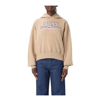 Gucci Hoodies, female, Beige, XS, Embroidered Logo Beige Sweatshirt
