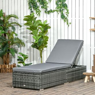 OUTSUNNY PE Rattan Sun Lounger, Five-level Adjustable Recliner Bed Chair with Soft Padded Cushion for Patio, Garden in Dark Grey