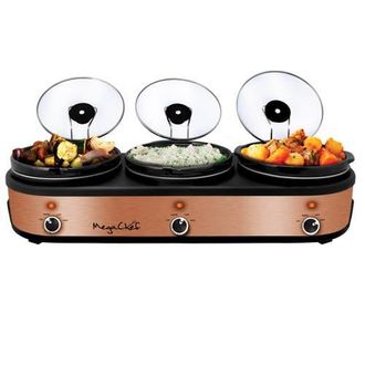 MegaChef Triple 2.5 Quart Slow Cooker and Buffet Server in Brushed Copper and Black Finish with 3 Ceramic Cooking Pots and Removable Lid Rests at