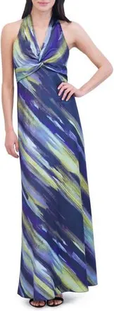 Vince Camuto Abstract Print Knot Front Satin Gown in Navy Multi at Nordstrom Rack, Size 10