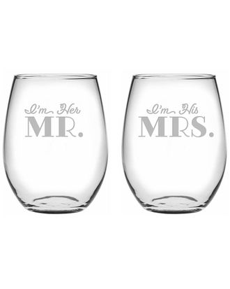 SUSQUEHANNA GLASS Set Of 2 Her Mr. And His Mrs. Stemless Wine Glasses