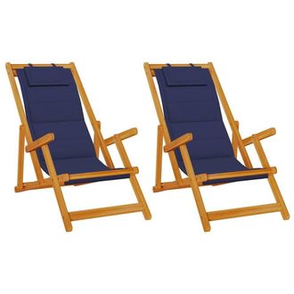 Berkfield Home Folding Beach Chairs - Set of 2, Blue, Solid Acacia Wood & Textilene in Blue
