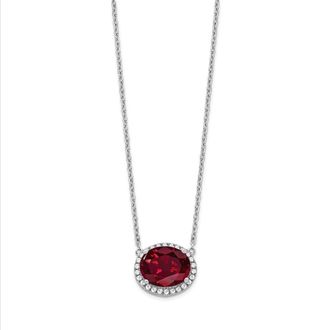 Diamond2Deal 14k White Gold Oval Created Ruby and Diamond Halo Pendant Necklace