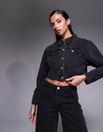 Liquor & Poker Giacca di jeans squadrata nero slavato con cuciture con strass in coordinato