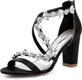 Generic Bridal Heeled Sandals Womens Chunky Block Open Toe Wedding Prom Party Evening Homecoming Dress Shoes 8.5Cm,Black,10 UK