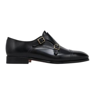 Santoni Black Leather Loafer Double Buckle Shoes