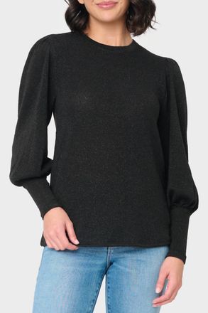 Gibsonlook Long Puff Sleeve Crew Neck Lurex Knit Top In Black