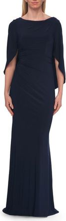 La Femme Draped Cape Sleeve Jersey Gown with Ruched Bodice in Navy at Nordstrom, Size 10