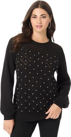 Roaman's Rhinestone Pointelle Knit Sweater in Black at Nordstrom, Size 12