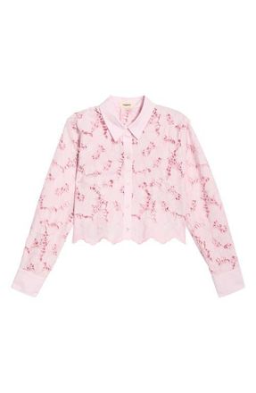 L'agence Seychelle Cutwork Crop Shirt in Pale Cameo Pink at Nordstrom, Size Xx-Large
