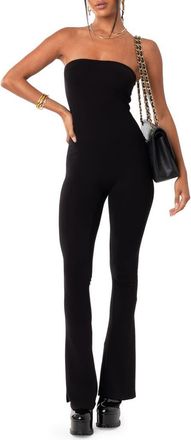 Edikted Melina Side Slit Strapless Flare Jumpsuit in Black at Nordstrom, Size X-Small