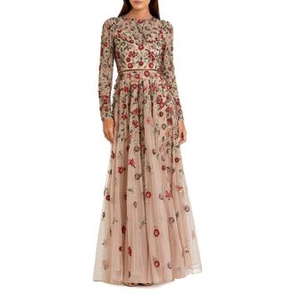 Mac Duggal Petite Embellished High Neck Long Sleeve A-Line Gown in Antique Rose at Nordstrom, Size 10
