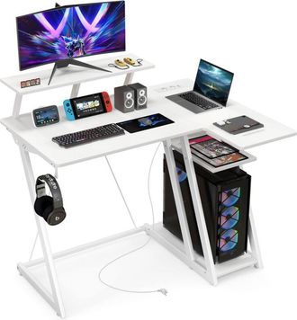 Costway Costway Escritorio Esquinero 99x80cm, Toma De Corriente Y 2 Puertos Usb, Escritorio En L Con Estante Para Monitor, Gancho Para Auriculares Y Estante D
