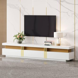 Merax White TV Stand with Faux Marble Top, 3 Drawers & Gold Accent Storage