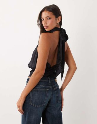 Asos top con collo alto e schiena nuda con sciarpa nero