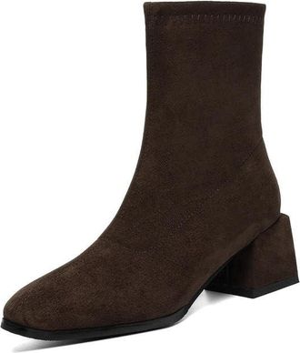 Generic Womens Suede Square Toe Ankle Boots Side Zip Block Heel Comfortable Non Slip Durable Stylish Elegant for Daily Street Office Work,Brown,4.5 UK