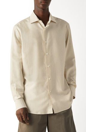 Ermenegildo Zegna Silk Shirt in Light Taupe/White at Nordstrom, Size Xx-Large