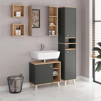 Vicco Conjunto De Muebles De Ba&ntilde;o Senyo, Antracita, 4 Partes, Con Armario Alto