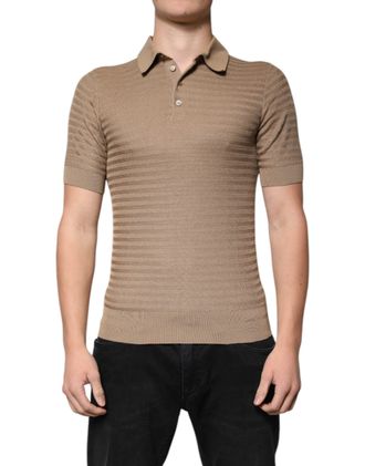 Dolce & Gabbana Mens Ribbed Polo Short Sleeve Knit Shirt - Brown Silk - Size EU 44 (Mens)