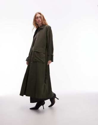 Asos Trench kaki taglio lungo multitasche con cintura-Verde